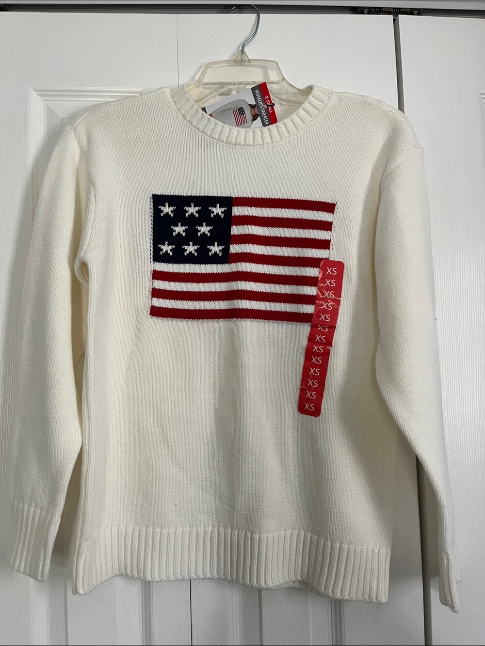 Mighty Fine White Knit Sweater with Red & Blue American Flag